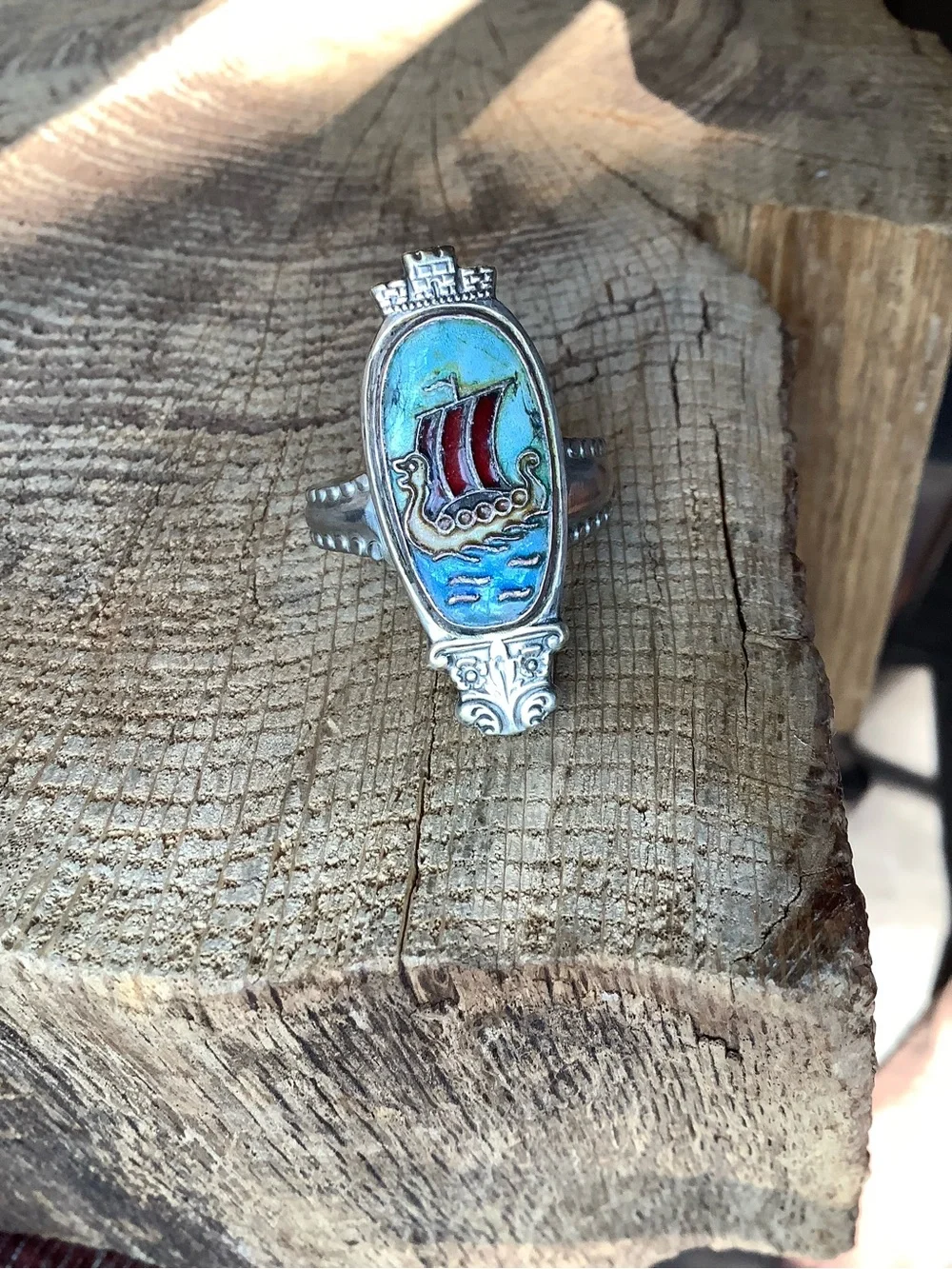 Vintage Viking Ship Enamel ring, size 9.5